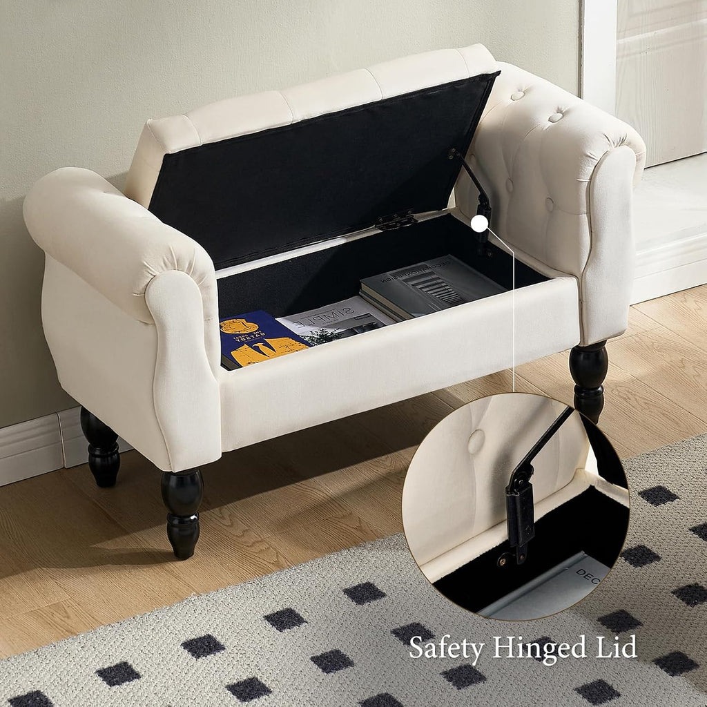 Storage Bench with Arms End of Bed Bench,Velvet Entryway Bench with Storage, Button Tufted Upholstered Ottoman Bench