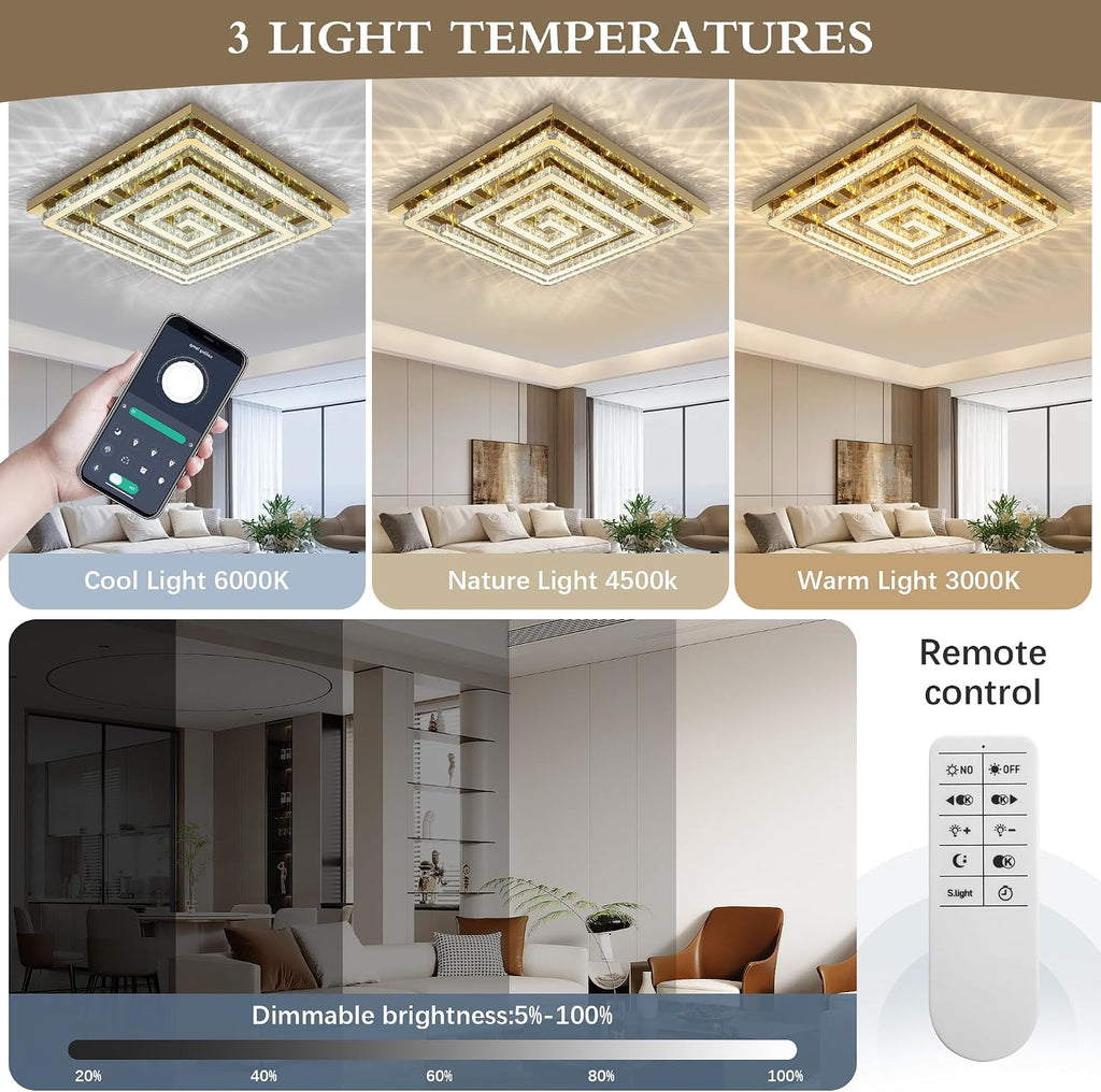 43" Modern Gold Crystal Chandelier with Remote/App Control, Dimmable Flush Mount Ceiling Light Fixture,3-Color