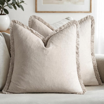 Decorative Throw Pillow Covers Neutral Linen Fringe Throw Pillows Euro Shams Set of 2 Natural Beige Boho Farmhouse
