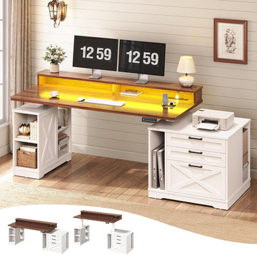 Farmhouse Electric Standing Desk, 55" Height Adjustable Computer Desk with 3 Drawers, File Cabinet, Storage Shelves