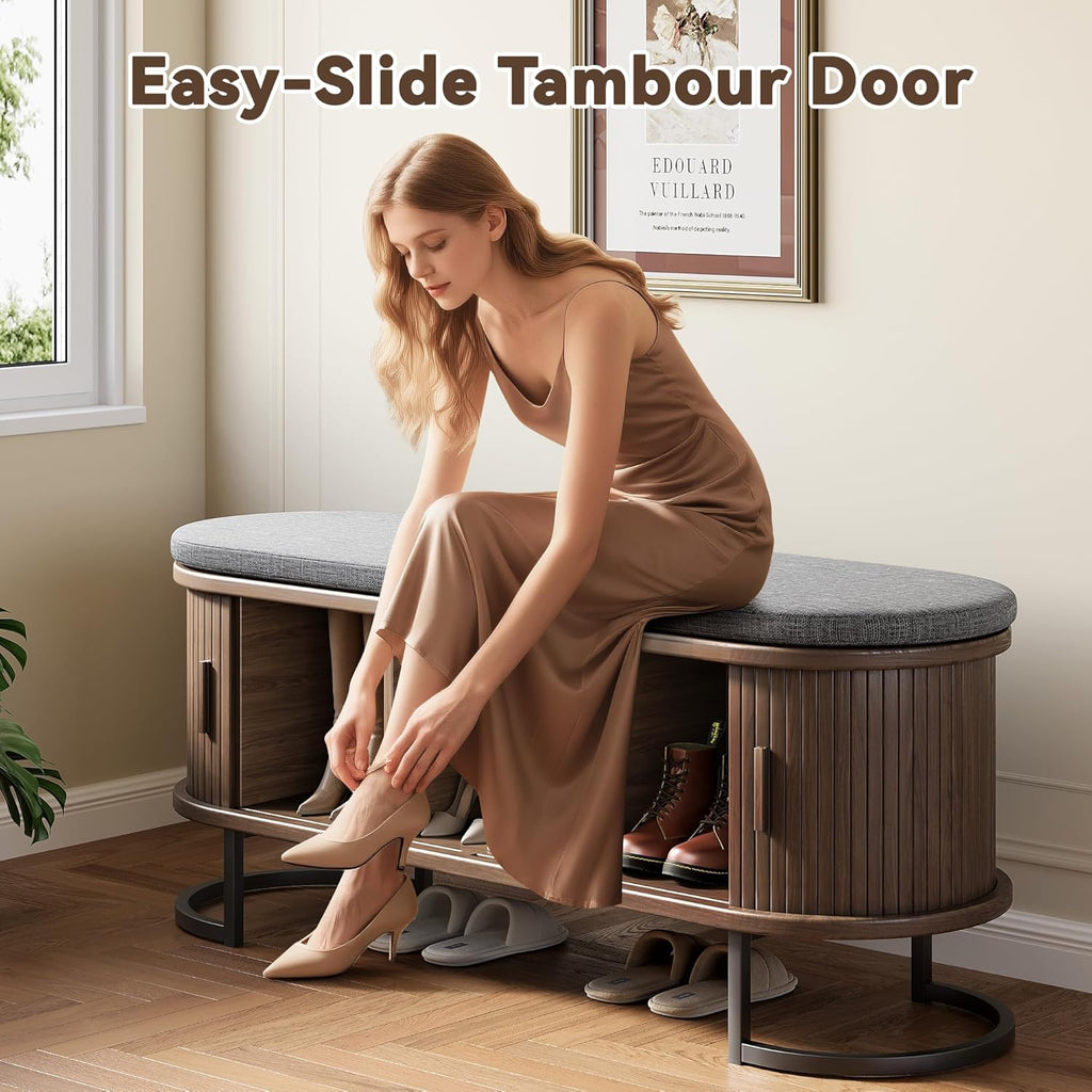 Shoe Storage Bench with Cushion and Sliding Doors, 47.2 Inch Shoe Bench with Storage, Freestanding Entryway Bench