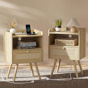 Nightstands Set of 2, Night Stands with Charging Station & PE Rattan Decor Drawer, Bed Side Tables with Solid Wood