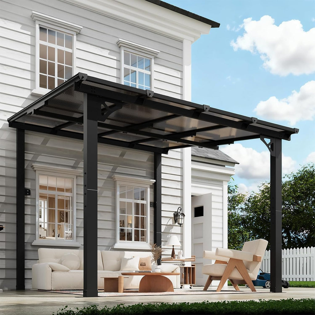 8x10FT Lean to Gazebo, Hardtop Metal Pergola with Polycarbonate Roof, Large Wall Mounted Heavy Duty Awnings