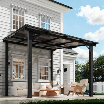 8x10FT Lean to Gazebo, Hardtop Metal Pergola with Polycarbonate Roof, Large Wall Mounted Heavy Duty Awnings
