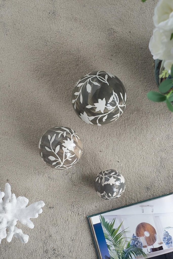Set of 3 Ceramic Decorative Spheres - Handcrafted Floral Gray Orbs, Different Sizes, Decor, Tabletop Accent, Shelf