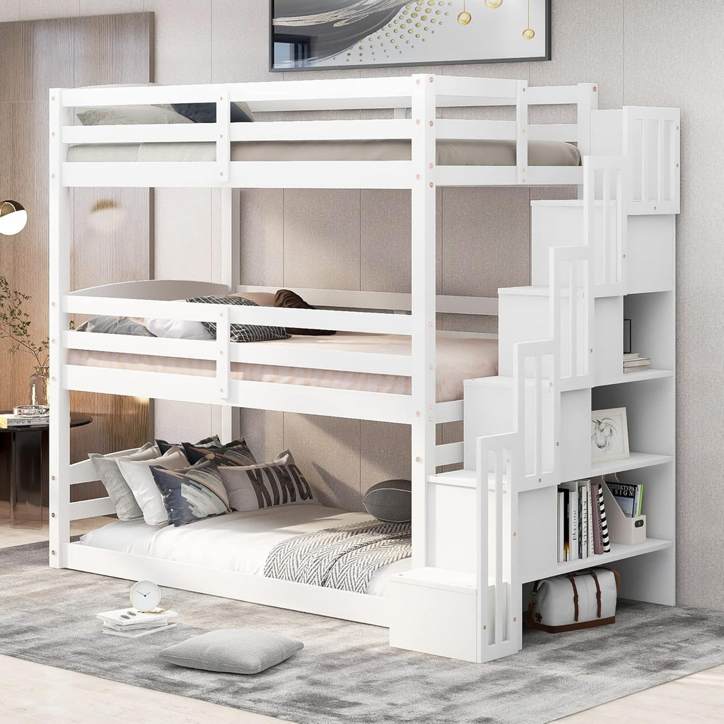 Solid Wood Triple Bunk Bed Twin with Storage Stairs and Shelves for Saving Space, Can Bed Separated Into 2 Beds