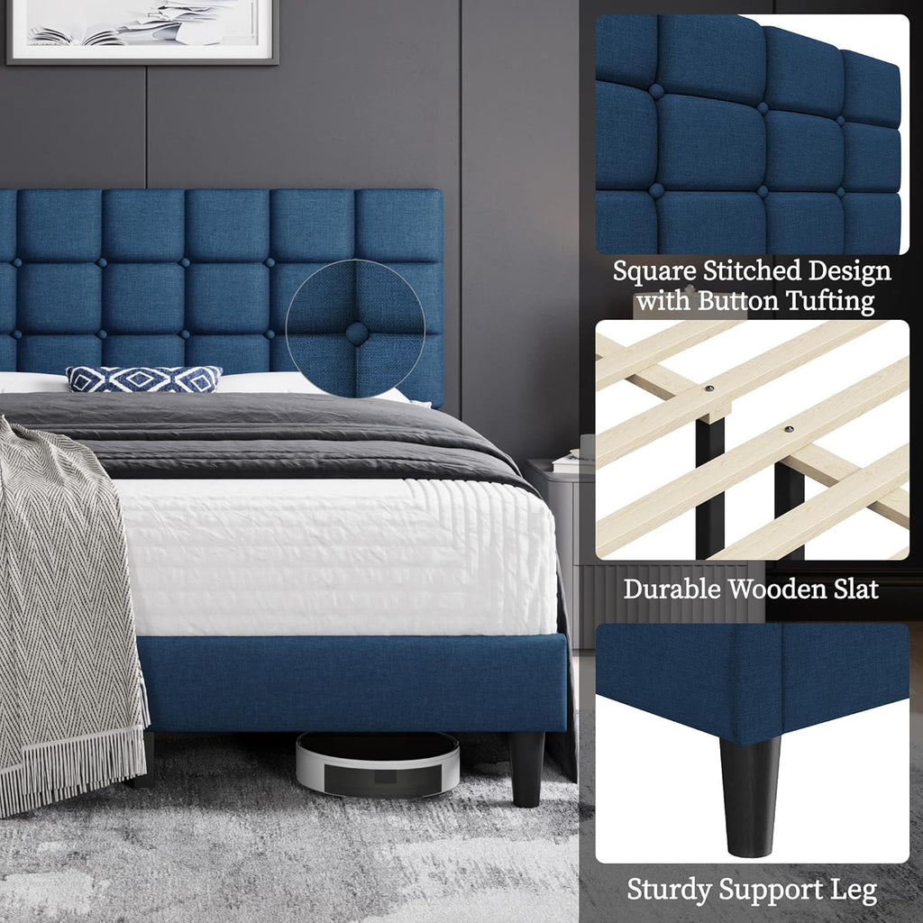Upholstered Bed Frame, Modern Queen Bed Platform with Square Stitched&Button Tufting Headboard Height Adjustable