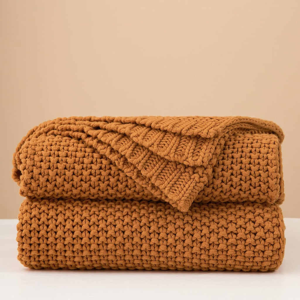 Chunky Cable Knit Throw Blanket Lightweight Burnt Orange 100% Organic Cotton Blanket, Rustic Shabby Chic Modern