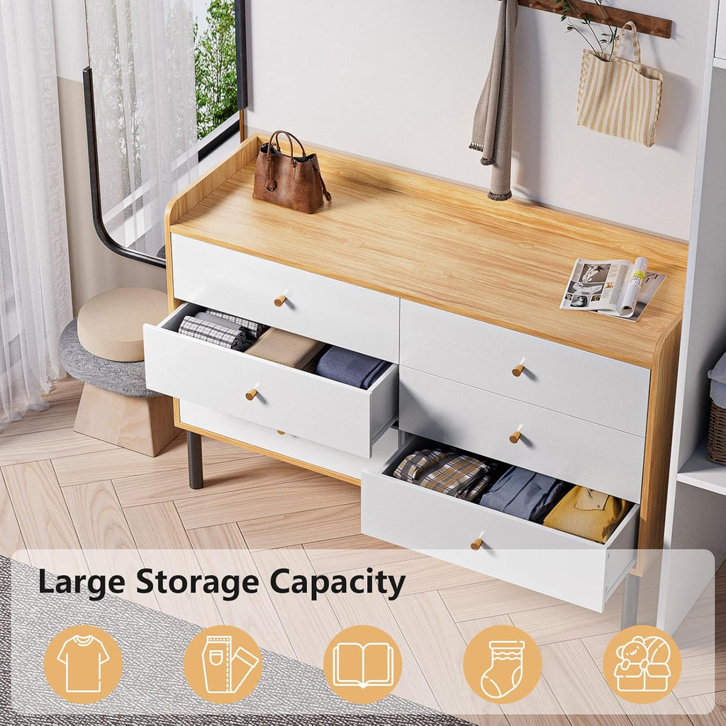 Dresser , 6 Drawer Natural Wood Dresser with Wide Drawer and Metal Handles, Modern Dressers & Chests of Drawers