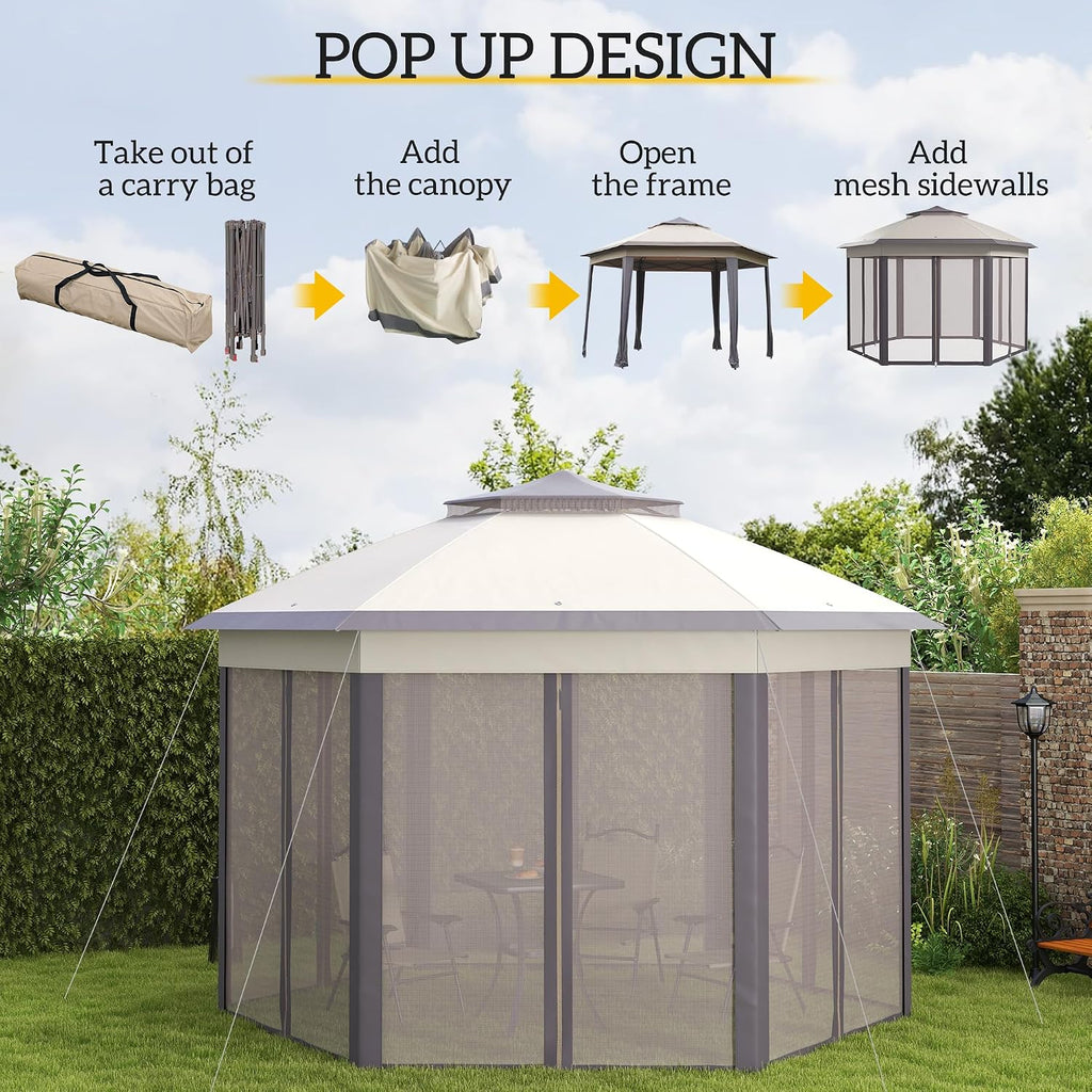 13' x 13' Pop Up Gazebo, Hexagonal Canopy Shelter with 6 Zippered Mesh Netting