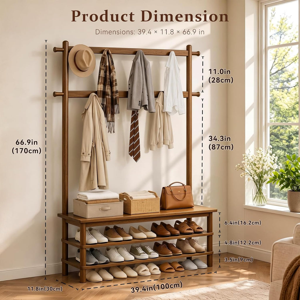 Hall Tree with Shoe Storage Bench, 3-in-1 Entryway Coat Rack with Bench, 11 Hooks, Freestanding Wooden Entryway