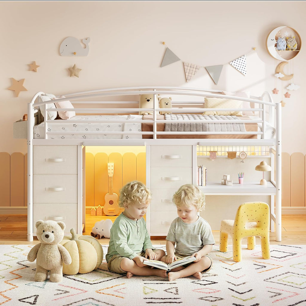 Low Loft Bed Twin with 7 Storage Drawers, Desk and LED Lights