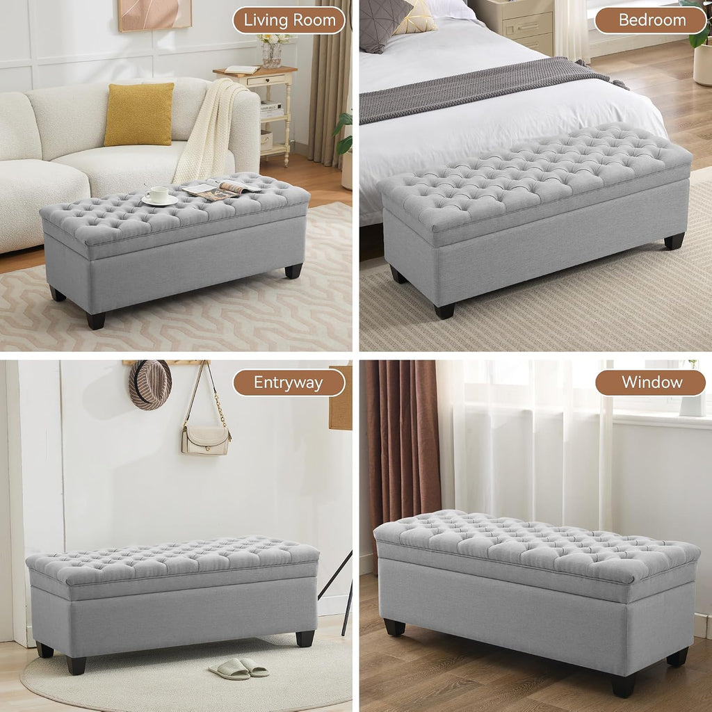 51" Fabric Storage Ottoman Bench, Upholstered Rectangle End of Bed Storage Ottoman Tufted Living Room Bedroom Bench