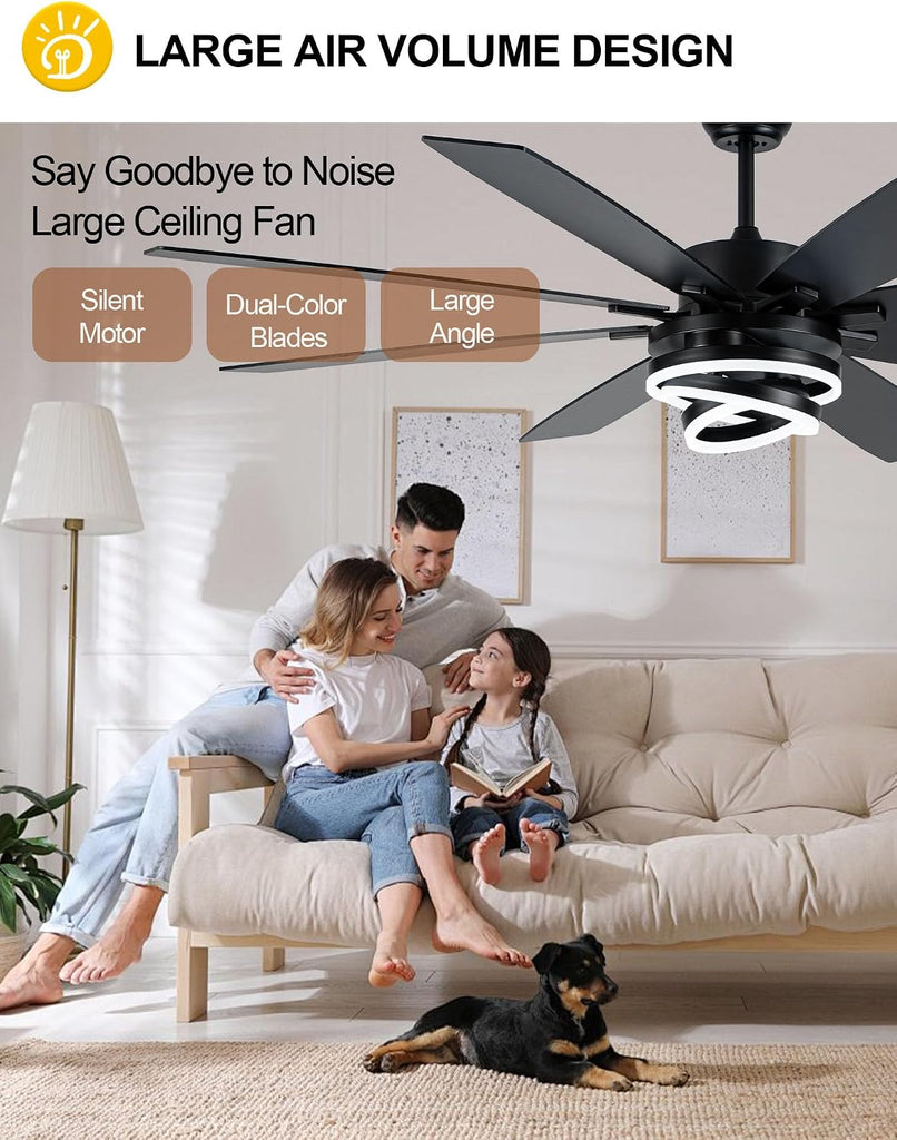 Black 72 Inch Ceiling Fans with Lights and Remote Reversible Quiet DC Motor 6 Speed LED Big Large Modern Chandelier