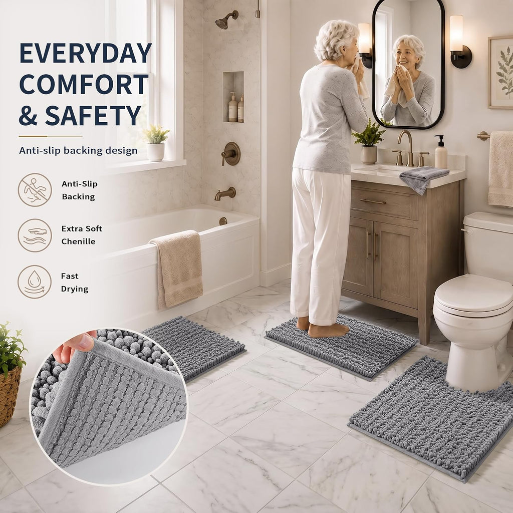 Bathroom Rug Set 3 Piece - Super Absorbent Quick Dry Chenille Bath Mats & Toilet Rug, Non Slip Machine Washable