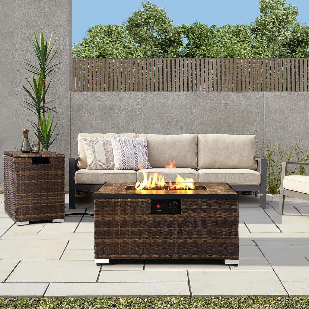 32'' Rattan Wicker Propane Fire Pit Table w/Tank Holder Rectangle