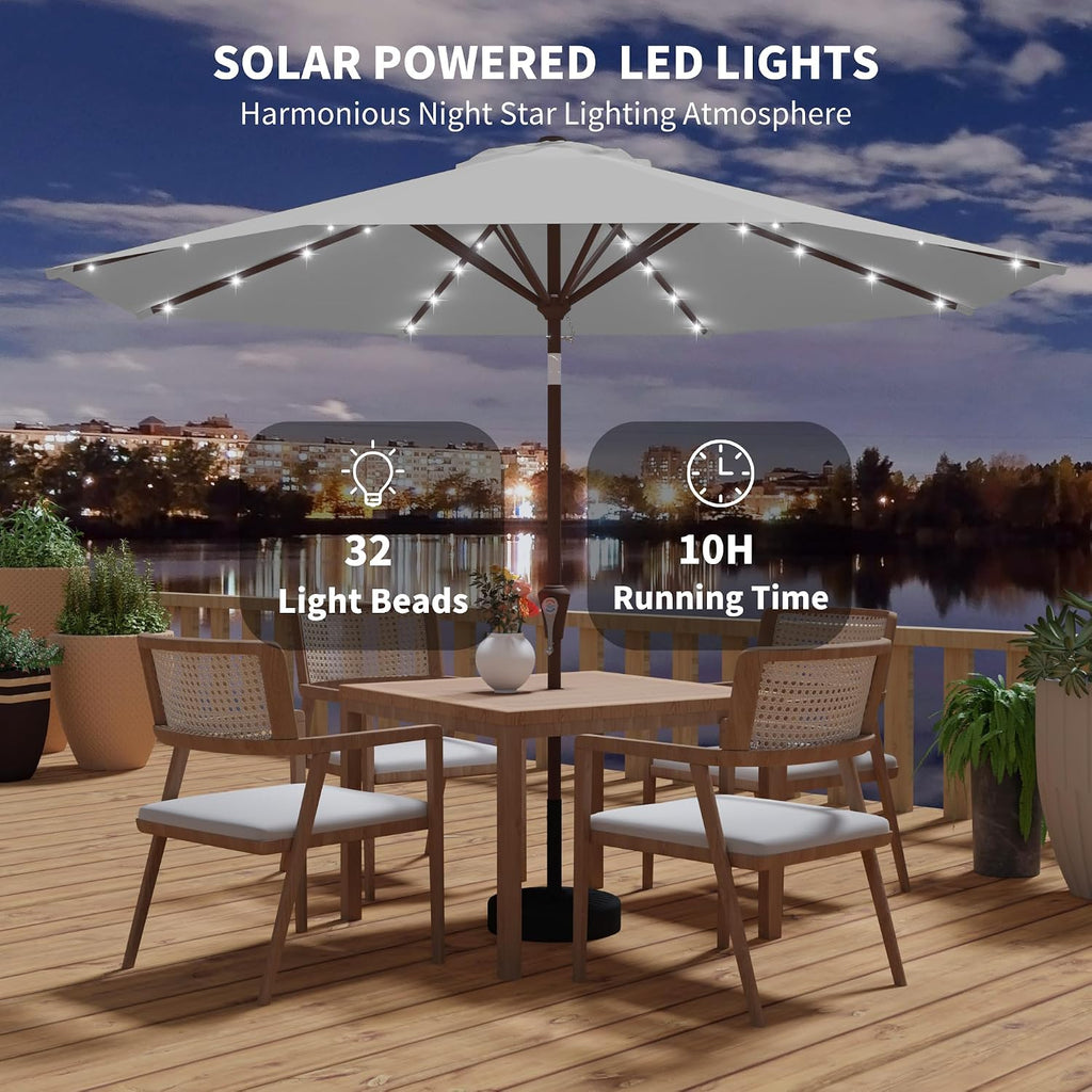 9FT Outdoor Patio Umbrella with Solar Lights, Market Table Umbrella with Push Button Tilt & Crank, 8 Sturdy Ribs