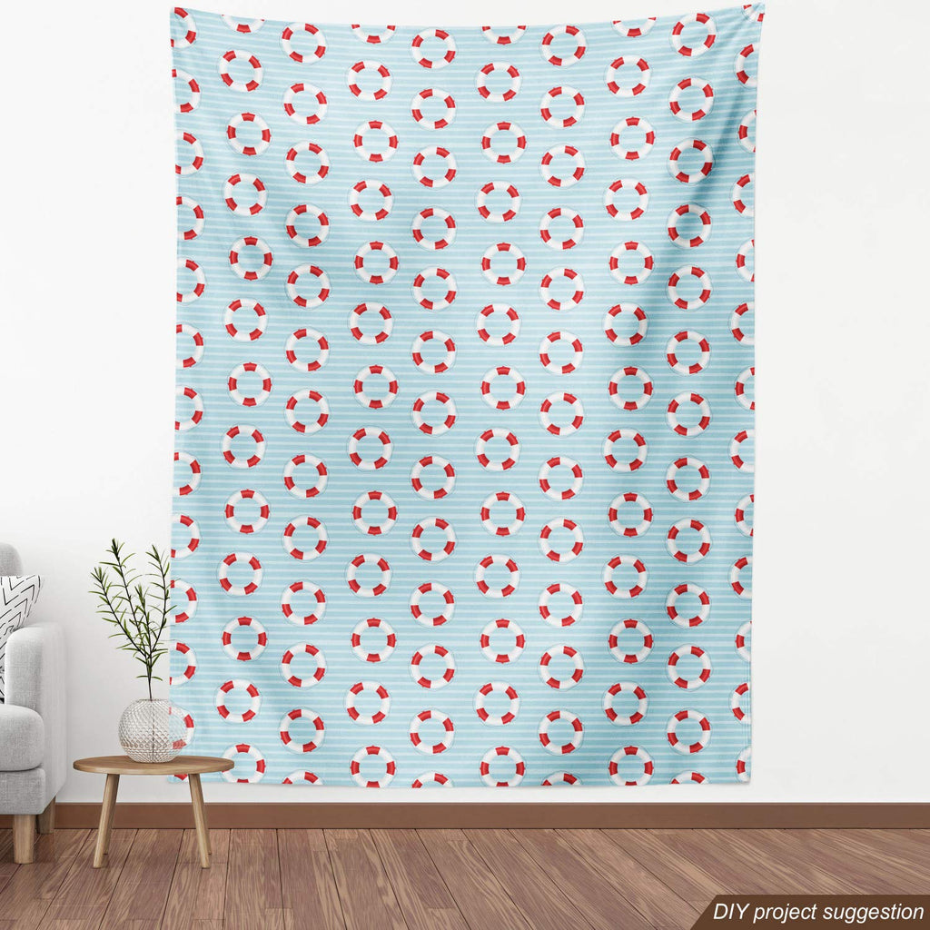 Coastal Fabric by The Yard, Nautical Sea Themed Composition with Pastel Colored Stripes Background, Decorative Fabric