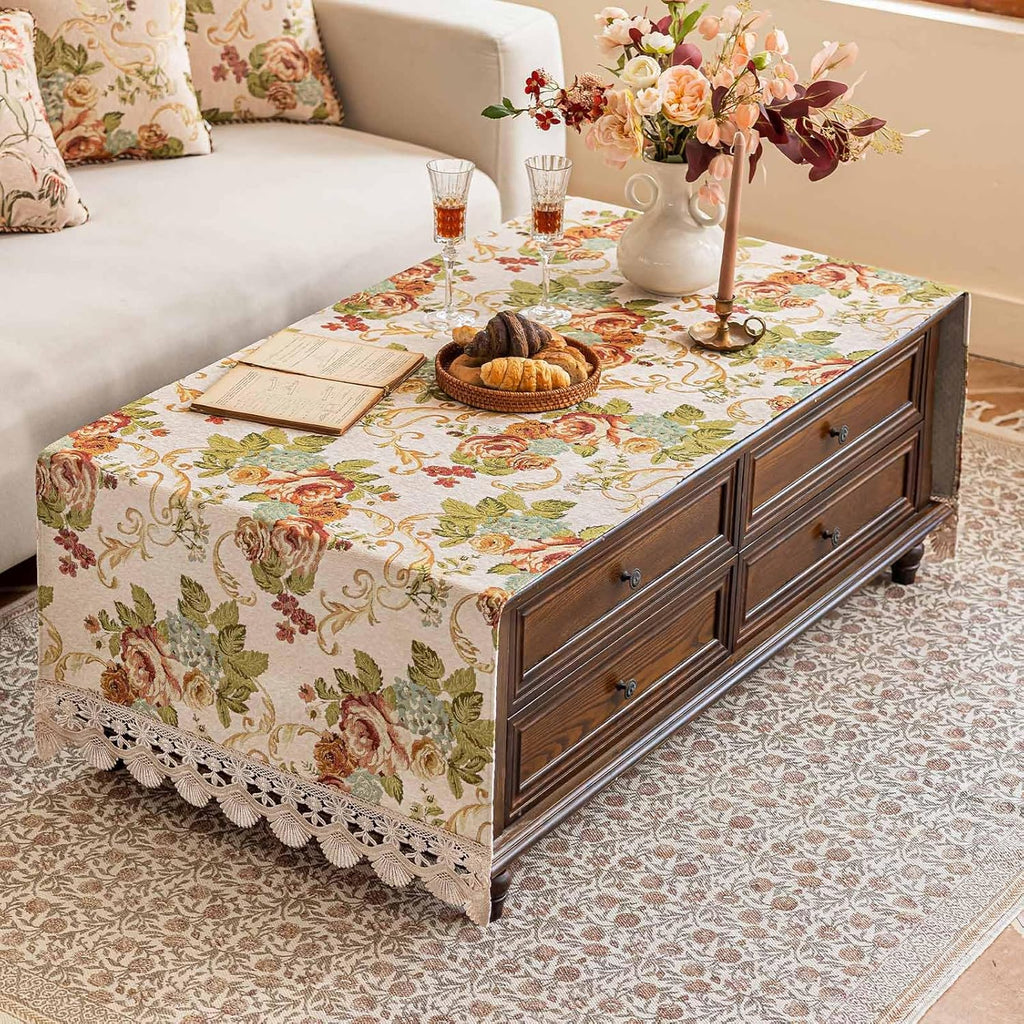 Luxury Chenille Coffee Table Cloth Non-Slip Silicone Backing Heavyweight French Damask Jacquard with