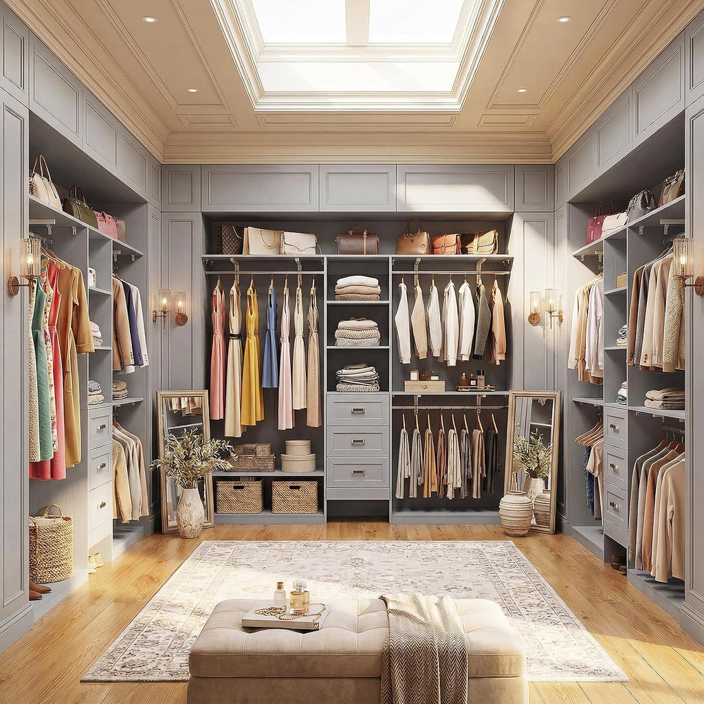 8FT Closet System with 3 Curved Drawers, 96'' Wooden Walk-in Closet Organizer with 3 Top Shelves, Adjustable