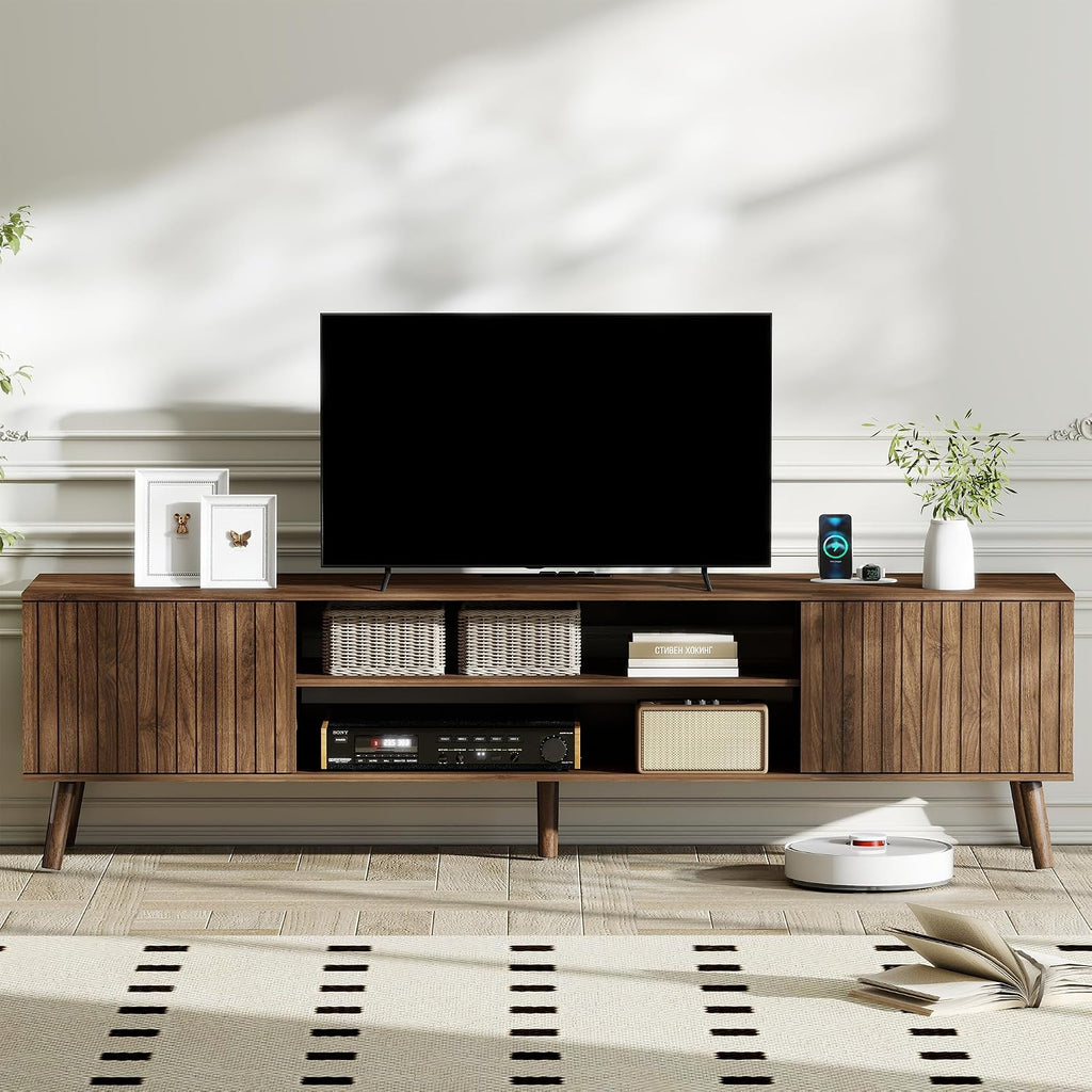 TV Stand for 75 inch TVs, Mid Century Modern Entertainment Center with Power Outlet,Fluted Media Console with Open