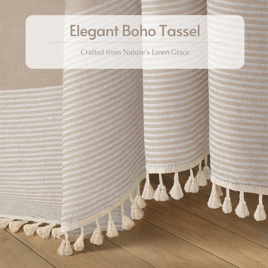 Beige Boho Linen Striped Shower Curtain with Tassel 72" W X 72" L | Boho Farmhouse Shower Curtains with Linen Texture