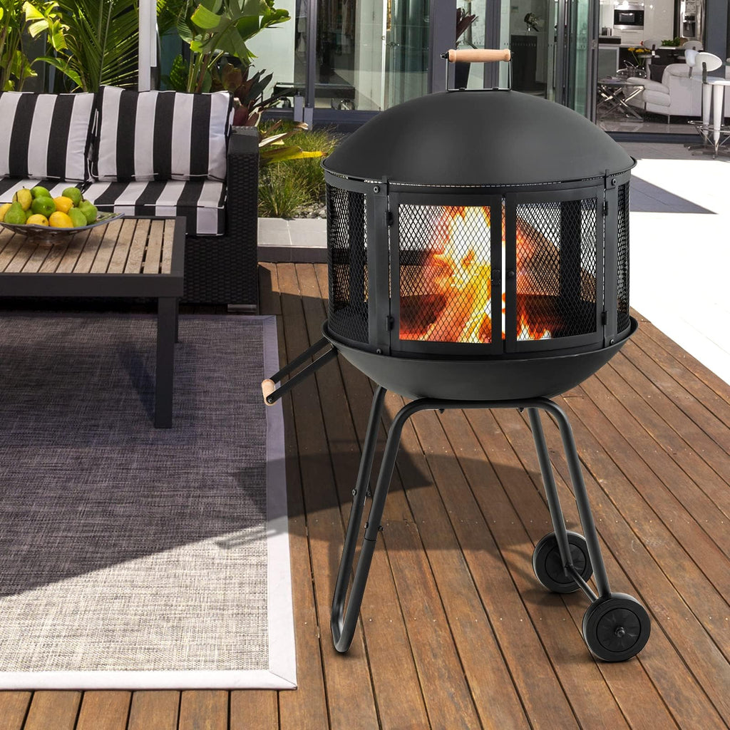 28" Outdoor Fire Pit with Lockable Doors, Fire Poker & Wheels