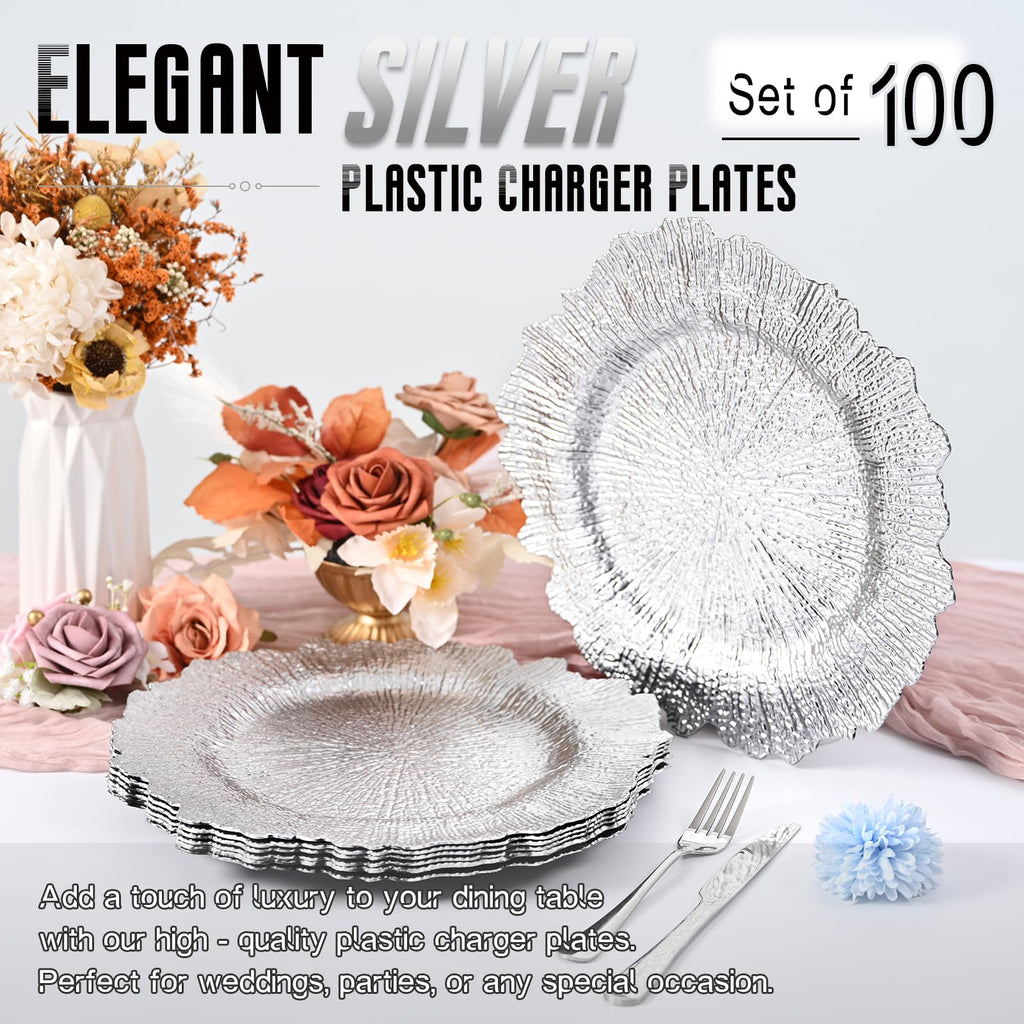 Silver 10pcs Reef Charger Plates Bulk - Modern Plastic Dinnerware Charger Plates for Events