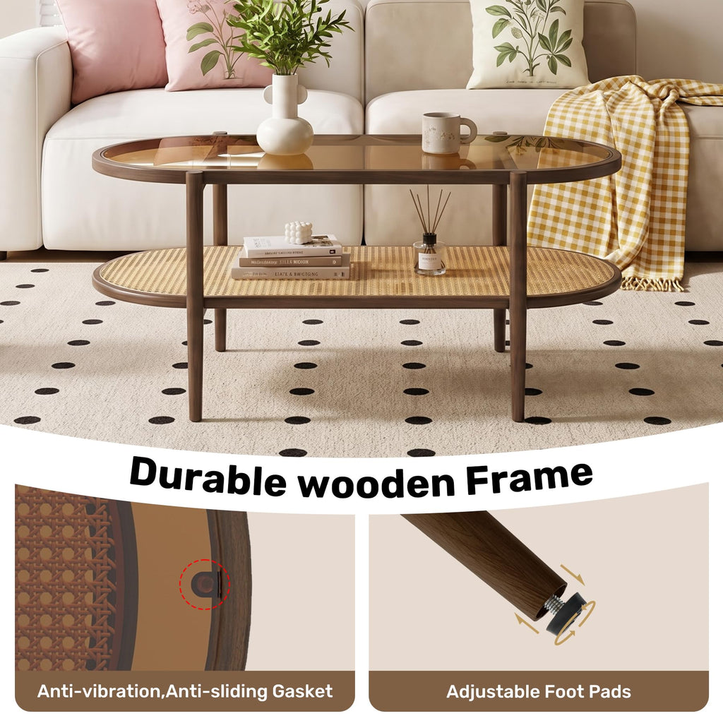 Boho Oval Coffee Table with Storage Shelf, 2-Tier Tempered Glass
