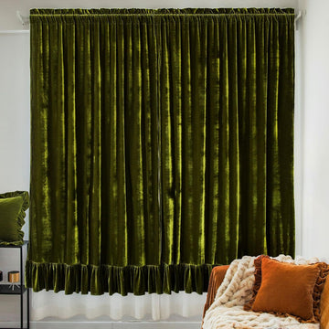Velvet Curtains Set of 2 Retro Ruffle Flounces Trim Soft Decorative Luxurious Solid Olive Green Farmhouse Vintage