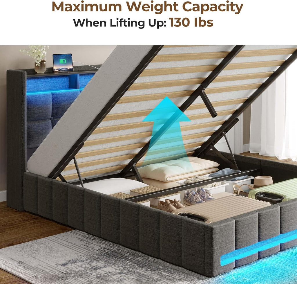 Bed Frame Full with Lift Up Storage, Charging Station & LED Lights, Upholstered Storage Headboard