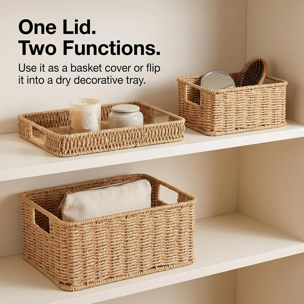Wicker Storage Basket with Lid for Shelves, Set of 2, Natural | One rectangular wicker basket with lid and one open