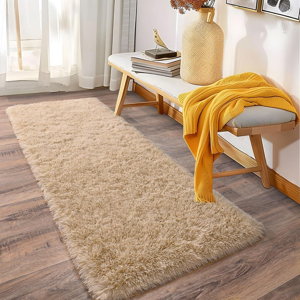 Soft Runner Rugs for Bedroom Hallways, 2x6 Beige Fluffy Shag Throw Area Rug Non Slip for Bedside Dorm, Long Shaggy