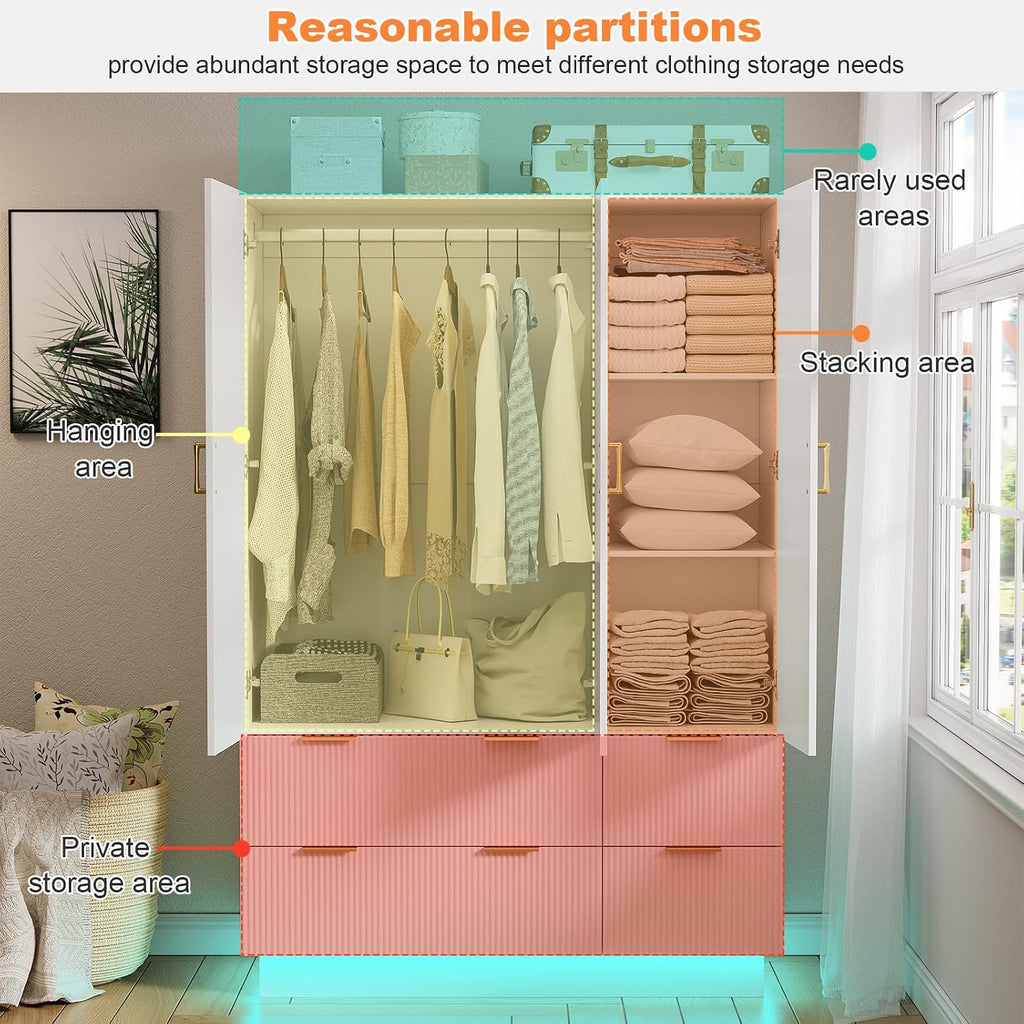 Armoire Wardrobe Closet with 3 Door, Mirror, LED Lights | Hanging Rod, Drawers, Bedroom Armoires - Large Capacity