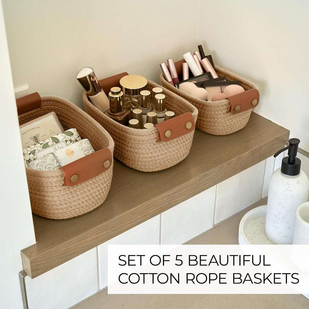 Beautiful Storage Basket Set of 5 - Sturdy Jute Rope Baskets for Shelves Are Perfect for Organizing Your Home