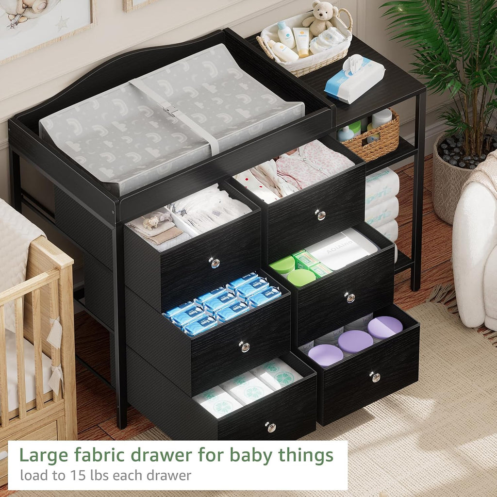 Baby Dresser with Changing Table Top, Black Changing Table Dresser with 6 Fabric Drawers Diaper Changing Station with