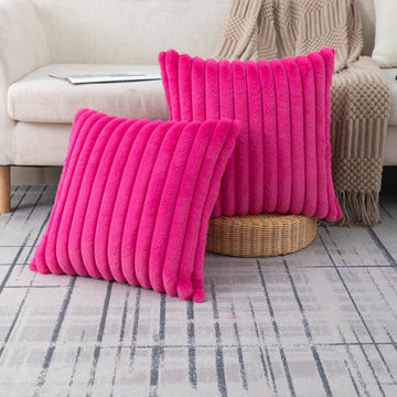 Set of 2 Hot Pink Faux Fur Decorative Throw Pillow Covers Fluffy Striped Pillowcase Cushion Covers 18 x 18 Inch Decor