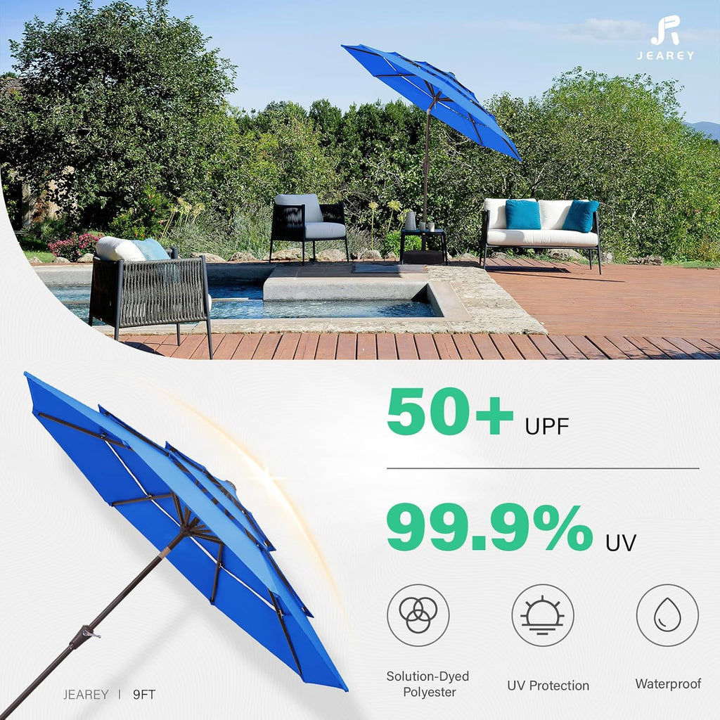 9FT 3 Tier Patio Umbrella Outdoor Market Umbrella Table Umbrellas with 8 Ribs 1.5 Pole Push Button Tilt and Crank UV - R