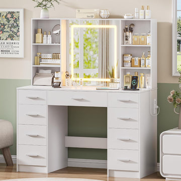 Vanity Desk with Mirror and Lights, Makeup Vanity Desk with 9 Drawers & 6 Shelves, Make up Vanity, Dressing Table