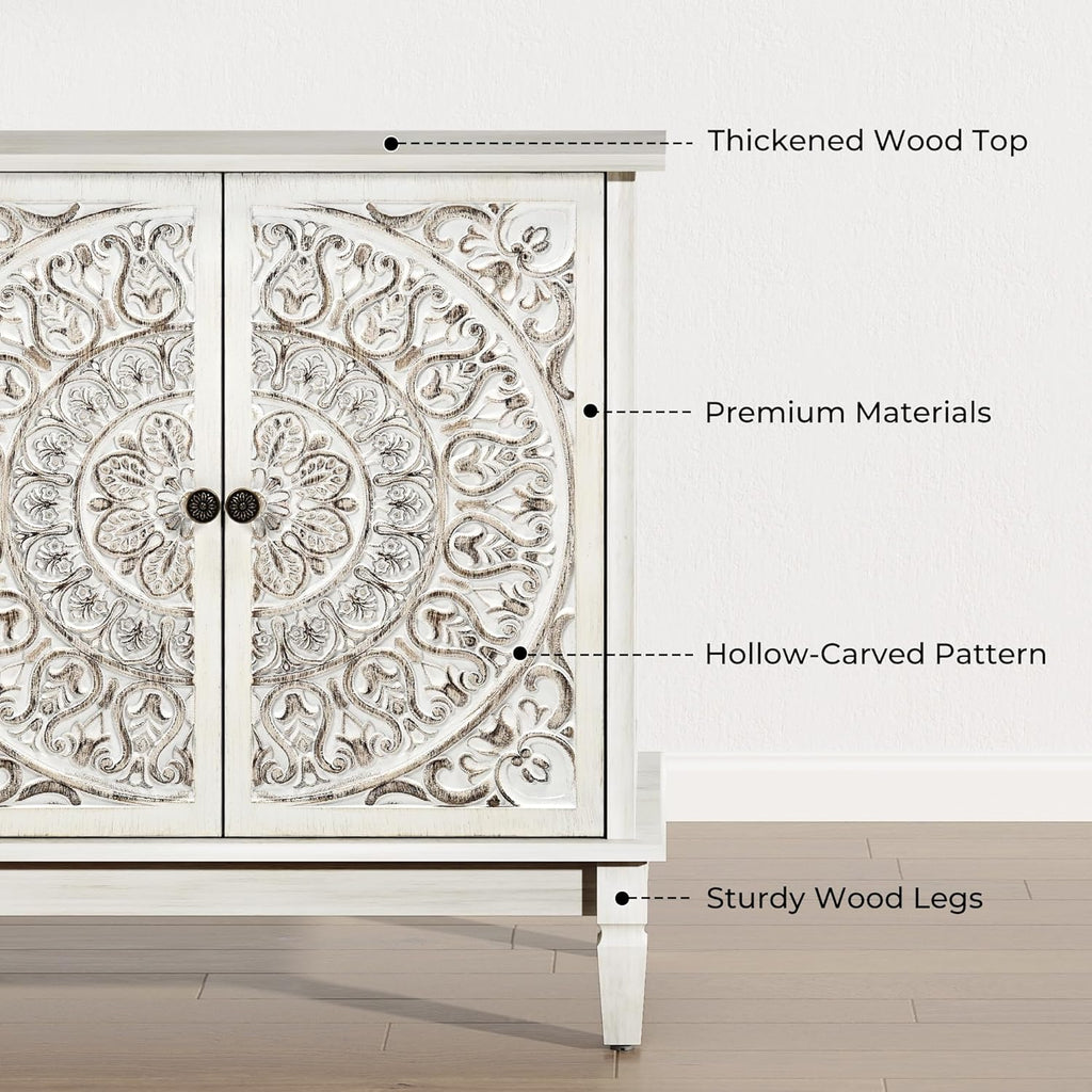 Buffet Cabinet with Storage, Accent Cabinet with 4 Carved Doors, Solid Wood Sideboard with Adjustable Shelf, Vintage