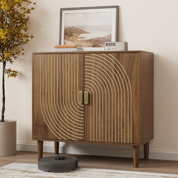 Walnut Sideboard Cabinet, Freestanding Buffet Cabinet with Line Groove Design, Wood Storage Cabinet with Adjustable