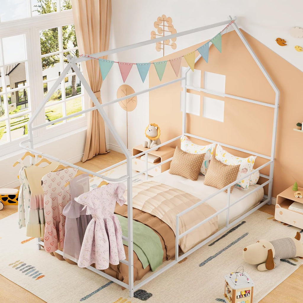 Twin Floor Bed Frame for Kids, Metal Low House Bed Montessori Bed with Guardrails & Built-in Clothing Rack, No Box