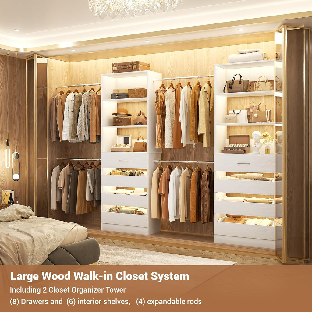 Closet System, 6-15Ft Closet Organizer with 8 Wooden Drawers, Wood Closet Organizer System with Tower, Walk-in Closet