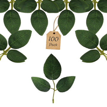 100 Pcs Artificial Rose Leaves Bulk (1 Stem 3 Large-Leaf Green)