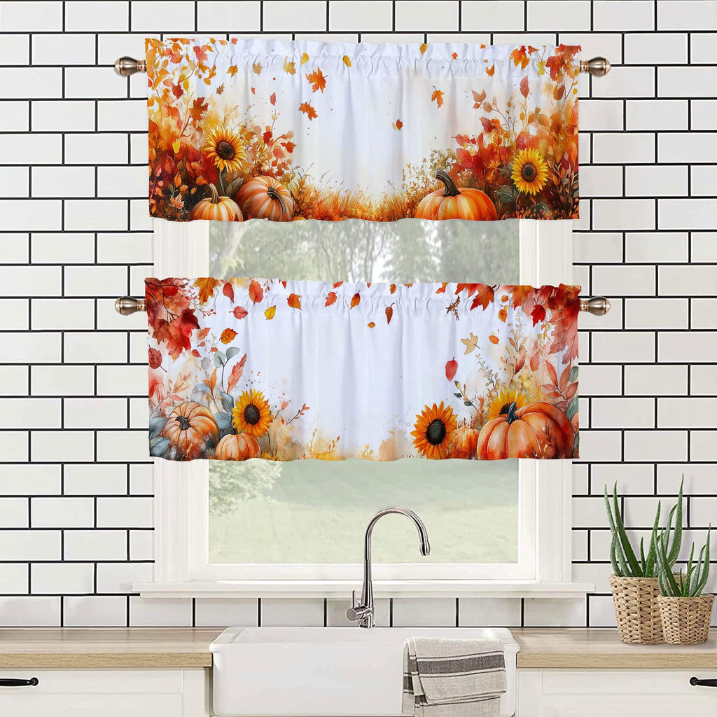 Fall Pumpkins Kitchen Curtain Valance 2 Pack Thanksgiving Maple Leaves Sunflowers Window Valance Bathroom Bedroom