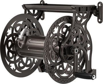 Garden Hose Reel Wall Mount Metal, Holds 125 ft x 5/8" Decorative Water Hose Holder for Outside Storage, Heavy Duty