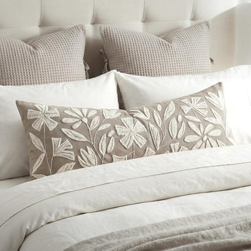 14x36 Lumbar Pillow Cover, Taupe Rectangular Long Throw Pillowcase, Embroidered Velvet Floral Tufted Farmhouse Accent