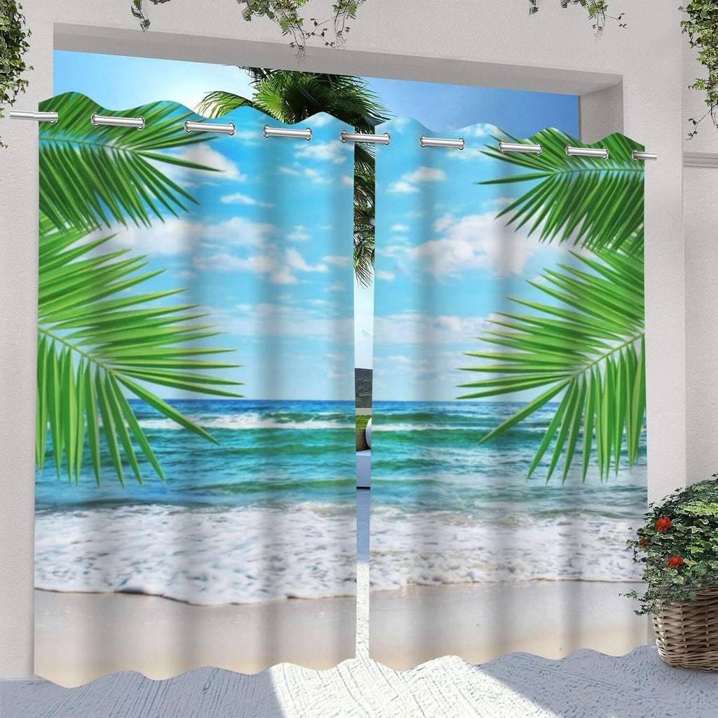 Tropical summer beach Waterproof Outdoor Curtains,palm leaves waves blue sky Print,Privacy Weatherproof Grommet