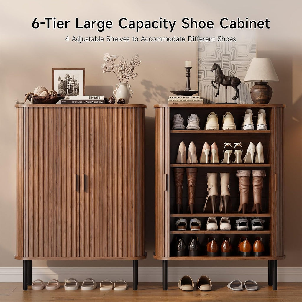 6-Tier Shoe Cabinet with Sliding Door, Wooden Shoe Storage Cabinet with Adjustable Shelves, Mid-Century Modern