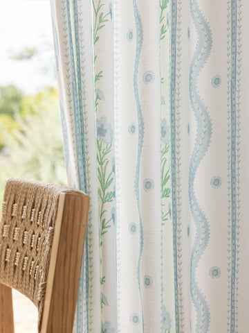 Floral Linen Pinch Pleated Curtains 30x84 Inch, 2 Panels, Blue Trellis